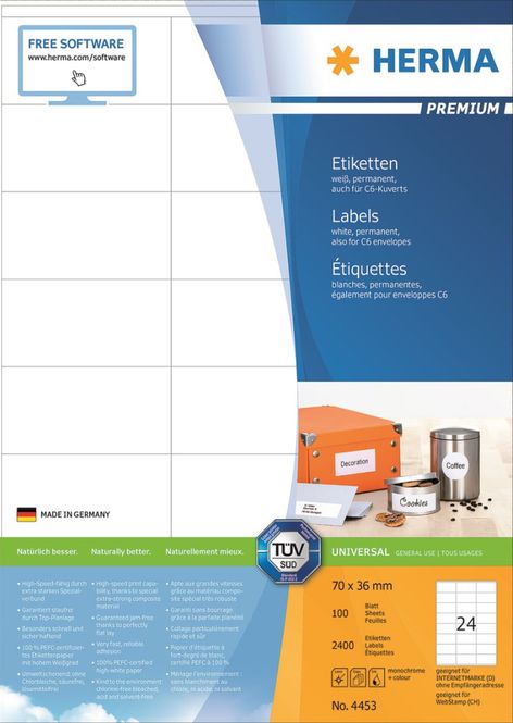 Hovedbilde Etiketter Premium A4 70x36mm (2400) Herma
